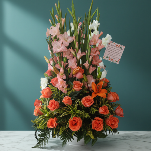 Arreglo floral vertical con rosas naranjas, gladiolos rosados y blancos, lirio naranja y follaje verde en base blanca sobre mesa de mármol, con tarjeta decorativa al costado, frente a pared verde