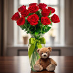 Ramo de rosas rojas en un jarrón de cristal con lazo verde sobre mesa de madera, acompañado de un oso de peluche marrón, con ventana desenfocada al fondo