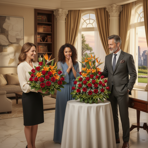 Tres personas bien vestidas observan dos grandes arreglos florales con rosas rojas y aves del paraíso sobre una mesa redonda en una sala elegante