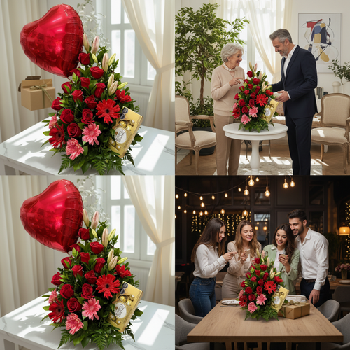 Collage con arreglo floral de rosas y gerberas rojas y rosas con globos en forma de corazón y escenas de celebración familiar en interiores