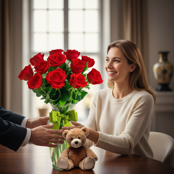 Mujer sonriente sentada a una mesa recibiendo un ramo de rosas rojas en jarrón de cristal con lazo verde y un oso de peluche marrón