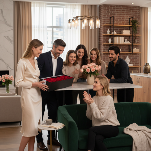 Mujer de pie con vestido claro entregando una caja de rosas rojas a una amiga sentada en un sofá verde, rodeadas de amigos sonrientes en una cocina-salón moderno