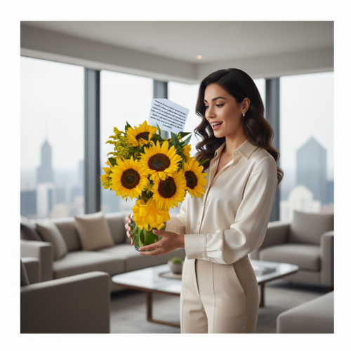 Mujer joven de pie en una sala de estar moderna sosteniendo un ramo de girasoles amarillos en un jarrón de cristal, con una tarjeta blanca y grandes ventanales que muestran edificios de ciudad al fondo