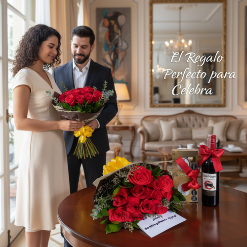 Mujer con vestido claro recibe un ramo de rosas rojas de un hombre con traje oscuro en una sala elegante, con mesa redonda donde hay otro ramo de rosas, una botella de vino con lazo rojo y una tarjeta, junto al texto en la pared que dice El Regalo Perfecto