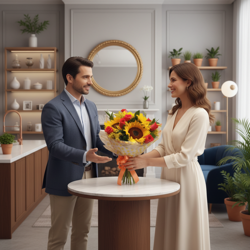 Hombre sonriente entrega un ramo de flores amarillas y rojas a una mujer vestida de blanco en una sala de estilo moderno con plantas y estanterías de fondo