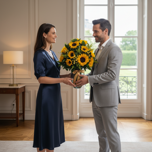 Hombre con traje gris entregando un ramo de girasoles a una mujer con vestido azul en un salón luminoso con grandes ventanales