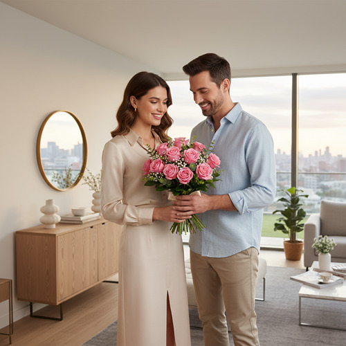 Hombre joven entregando un ramo de rosas rosas a una mujer en un salón luminoso con vista a la ciudad
