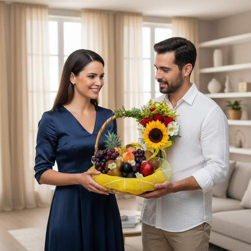 Hombre y mujer jóvenes sostienen juntos una canasta de mimbre con frutas frescas y flores coloridas en una sala de estar luminosa