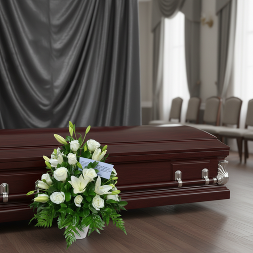 Ataúd de madera oscura con herrajes metálicos y arreglo de flores blancas al frente en una sala de velatorio elegante