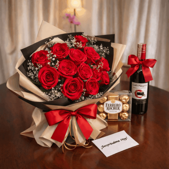 Bouquet de Rosas, Vino y Chocolates