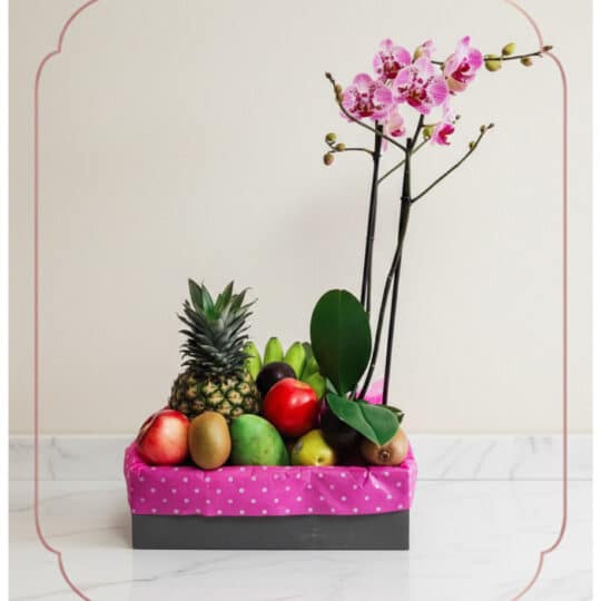 Arreglo ANTONELLO con orquídea Phalaenopsis rosa y frutas frescas como piña, manzanas, kiwis y mangos, presentado en una caja
