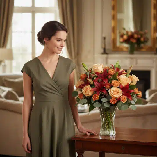 Mujer elegante admirando un arreglo floral ALESSANDRA con rosas naranjas, lirios rojos y eucalipto en un jarrón de cristal, s