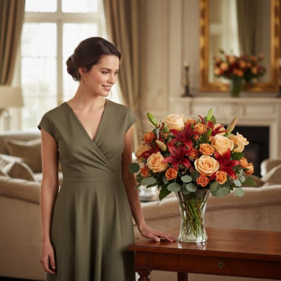 Mujer elegante admirando un arreglo floral ALESSANDRA con rosas naranjas, lirios rojos y eucalipto en un jarrón de cristal, s