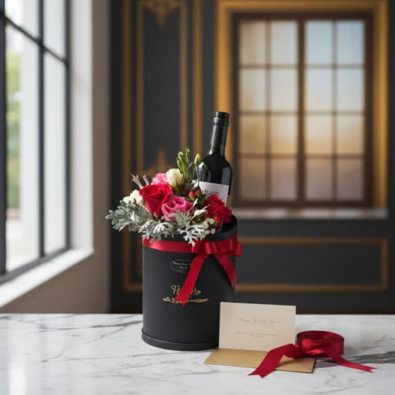 Arreglo floral BENTO con rosas rojas y rosadas, follaje verde, y una botella de vino tinto en una caja negra cilíndrica con c