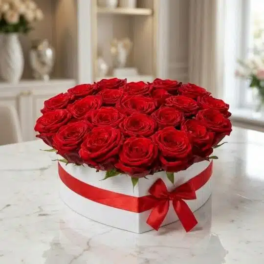 Arreglo floral CAMILA con 24 rosas rojas premium en una elegante caja blanca en forma de corazón, adornada con un lazo rojo,