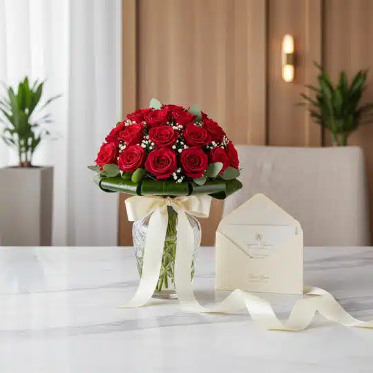 Arreglo floral DOMENICA con 30 rosas rojas frescas en jarrón de cristal, cinta de satén y tarjeta de regalo elegante sobre má