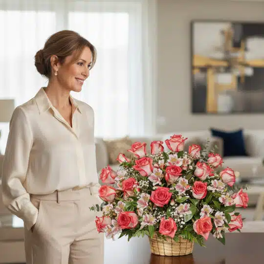 Mujer elegante admirando el Arreglo Floral EMILIA con 32 rosas blush frescas en un entorno de hogar de alto diseño.