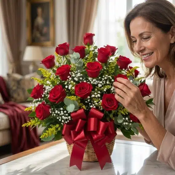 Mujer elegante admirando con deleite un Arreglo Floral Escarlata, un cesto de rosas rojas con follaje verde y lazos rojos, en