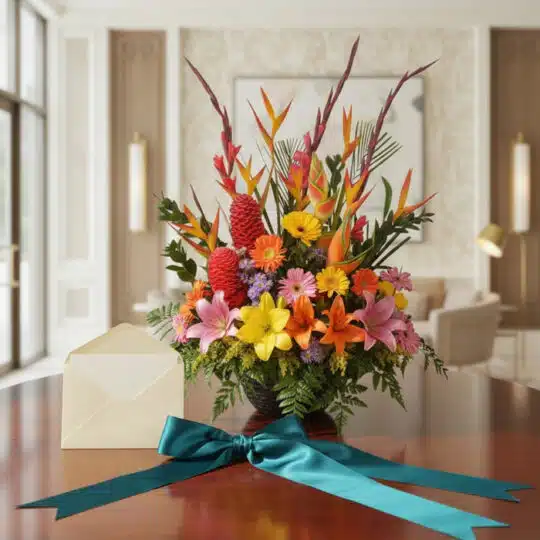 Arreglo floral exótico Fusión con heliconias, lirios, gerberas y follaje, presentado en un entorno de lujo con luz natural.