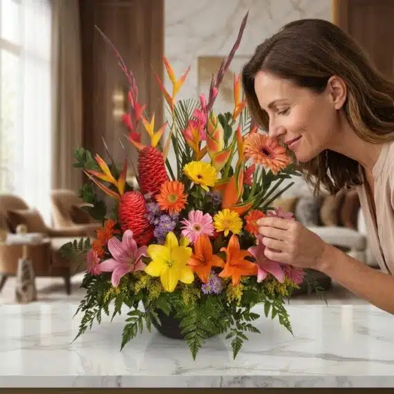Mujer elegante y natural admirando y oliendo un Arreglo Floral Exótico Fusión con flores tropicales vibrantes en un hogar de
