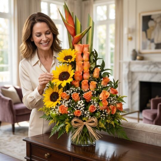 Mujer elegante admirando un Arreglo Floral Exótico Intocable con girasoles, rosas naranjas y ave del paraíso en un lujoso int