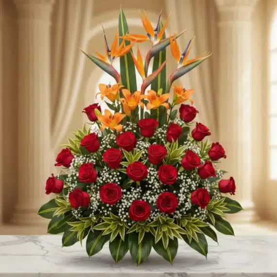 Arreglo floral exótico Tucana con rosas rojas, lirios naranjas y aves del paraíso, sobre mármol en un lobby elegante.