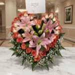 Arreglo floral Feliz Contigo con lirios rosados y rosas bicolor sobre mesa de mármol, fondo elegante de lobby de hotel boutiq