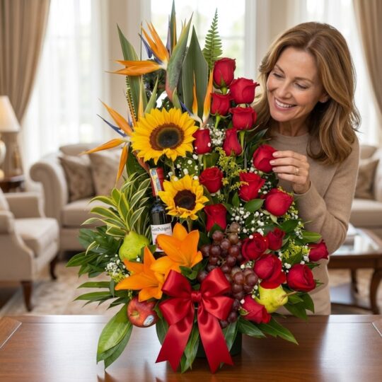 Mujer elegante admirando un Arreglo Floral con Frutas Especial, que incluye girasoles, rosas rojas, aves del paraíso, uvas, m