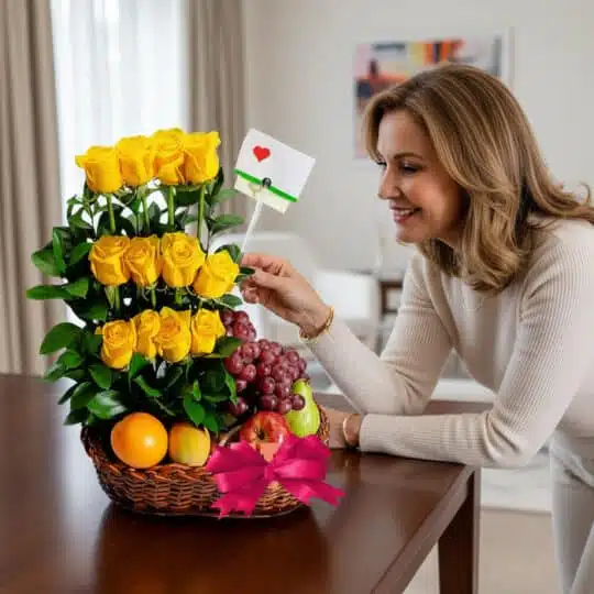 Mujer elegante admirando un Arreglo Floral con Frutas Paraíso, compuesto por rosas amarillas, uvas, manzanas y naranjas en un