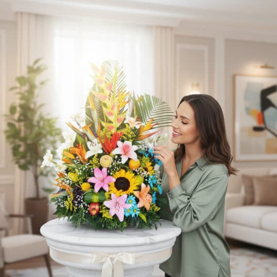 Mujer joven sonriendo y tocando delicadamente un Arreglo Floral con Frutas Tentación, en un lujoso interior de hogar con luz