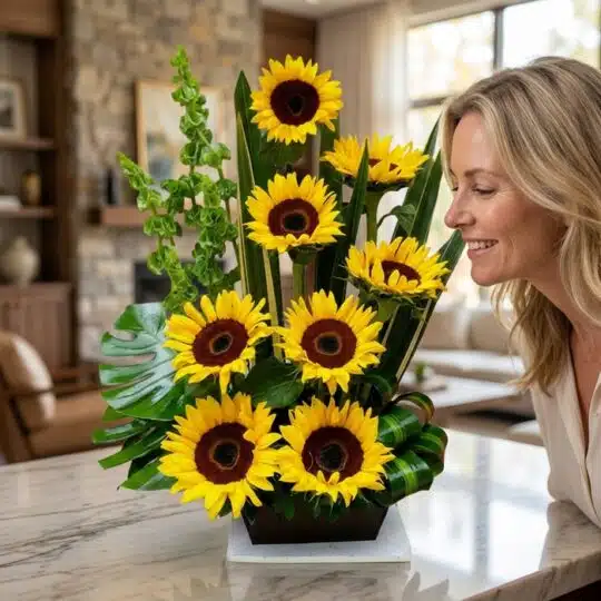 Mujer rubia de mediana edad sonriendo y admirando de cerca un arreglo floral de girasoles Bengala en un interior de hogar luj