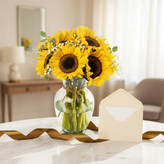 Arreglo floral LILA con girasoles vibrantes en jarrón de cristal, tarjeta de regalo y cinta dorada sobre mesa de mármol en un