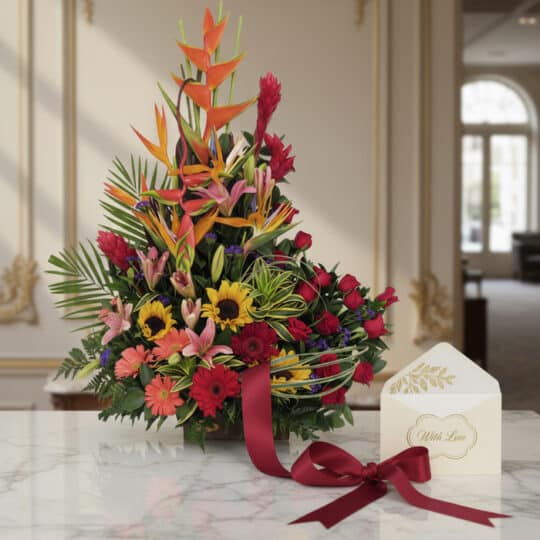 Arreglo floral IDARA con rosas rojas, girasoles, lirios, heliconias y jengibre rojo, sobre mármol con tarjeta 'With Love' y c