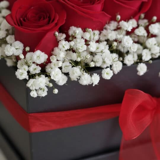 Primer plano extremo de un arreglo floral 'Pétalos' con rosas rojas vibrantes y paniculata blanca, mostrando texturas hiperre