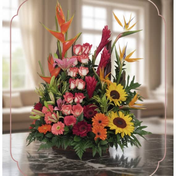 Arreglo Floral PIA: Rosas, Girasoles y Flores Exóticas para Regalar Arreglo floral PIA con rosas rosadas, girasoles, aves del paraíso y flores exóticas en un fondo elegante y luminoso.