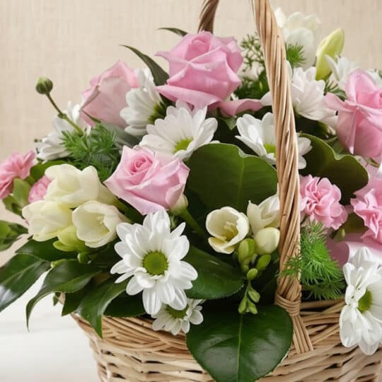 Primer plano extremo del Arreglo Floral RACHELE, mostrando la textura hiperrealista de 12 rosas rosadas, margaritas blancas y