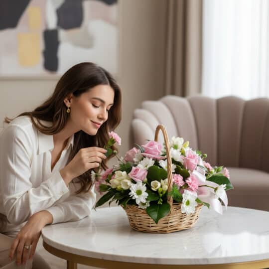 Mujer joven admirando y oliendo delicadamente una flor de un arreglo floral RACHELE en una cesta de mimbre con rosas rosadas,