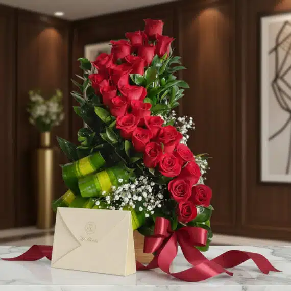 Arreglo floral alto con rosas rojas en espiral, follaje verde, y delicadas flores blancas, sobre una superficie de mármol, co