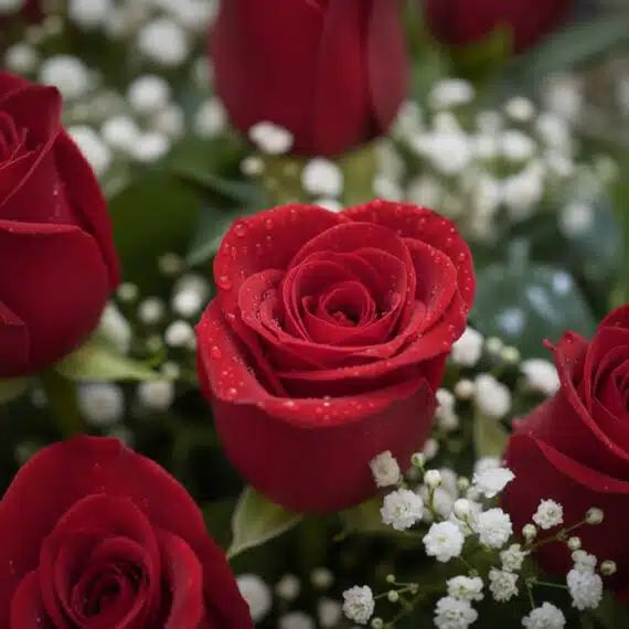 Primer plano extremo de una rosa roja vibrante con gotas de rocío, rodeada de pequeñas flores blancas y follaje verde, destac