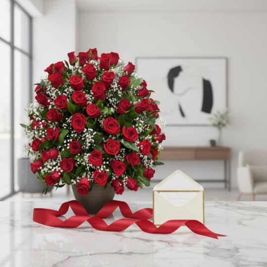 Arreglo floral 'Rosas por Montón' con rosas rojas, follaje y flores blancas, sobre mármol, con tarjeta de regalo y cinta roja