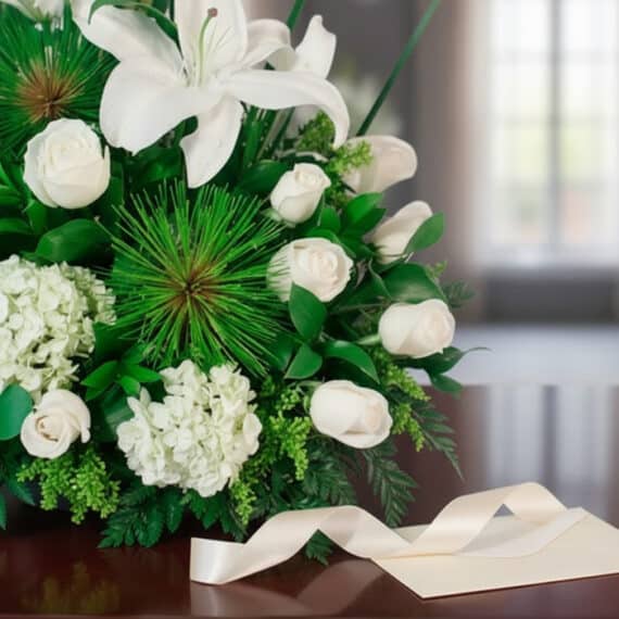 Fotografía macro premium de un arreglo fúnebre con lirios y rosas blancas, follaje verde, rocío sutil y cinta satinada.