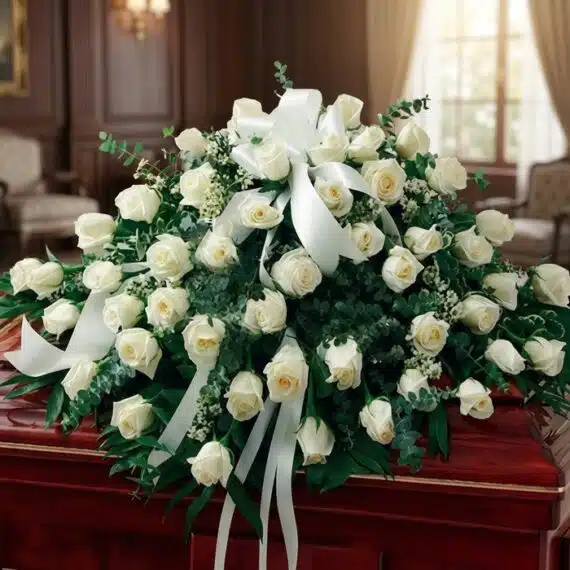 Elegante Arreglo Fúnebre Cubre Caja Misericordia con Rosas Blancas Arreglo fúnebre cubre caja Misericordia con rosas blancas frescas y follaje verde, presentado en una sala de velación premium