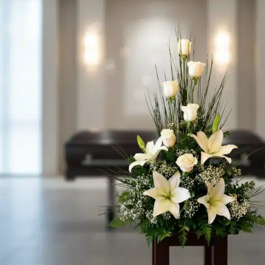 Arreglo fúnebre 'Descanso Eterno' con lirios y rosas blancas, follaje verde, en sala de velación moderna con ataúd desenfocad