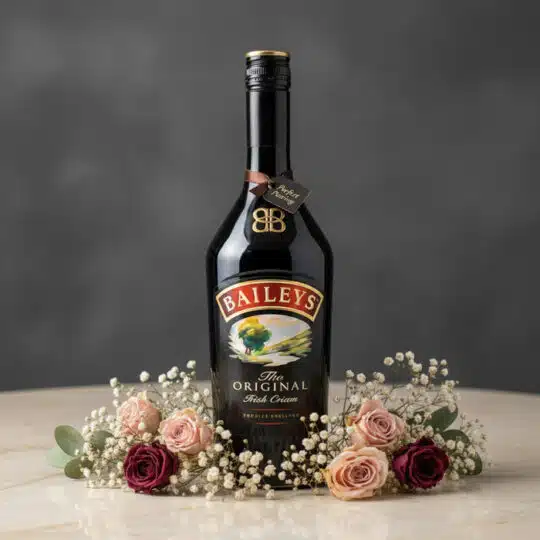 Botella de Baileys The Original Irish Cream de 700ml, rodeada por un delicado arreglo floral de rosas rosadas y burdeos, y fl