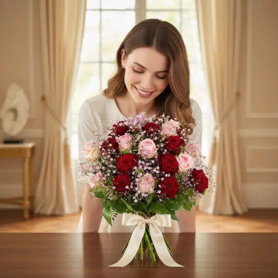Mujer joven sonriendo y admirando un hermoso bouquet ELETRA de 20 rosas rojas y rosadas, atado con un lazo crema, sobre una m