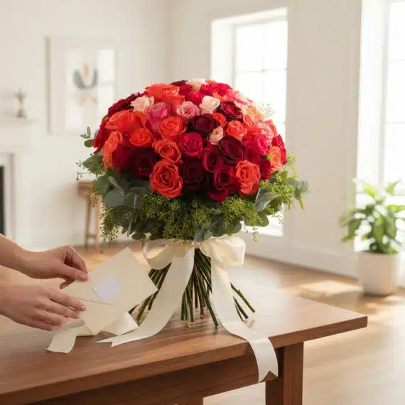 Manos delicadas colocando una tarjeta en un sobre junto a un exuberante bouquet de 72 rosas FILIPPA de colores vibrantes (roj