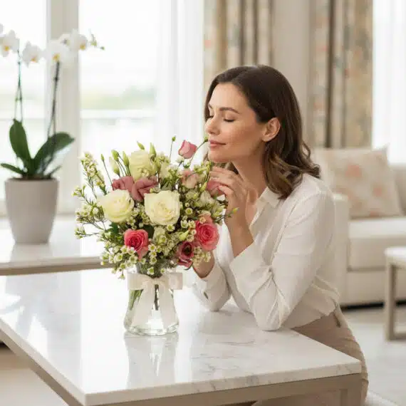 Mujer elegante y natural admirando el Bouquet Floral SUSANA con rosas y astromelias en un jarrón de cristal con lazo, en un i