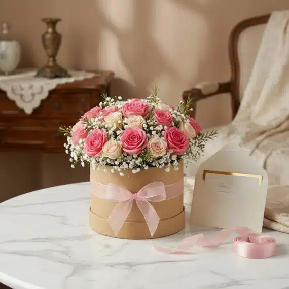 Caja floral GIADA con 12 rosas frescas rosadas y crema, gypsophila, cinta de satén rosa y tarjeta de regalo en un entorno ele