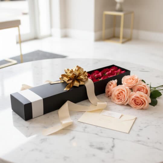 Caja negra con rosas rojas y melocotón, lazo dorado, cinta de satén y tarjeta de regalo sobre mesa de mármol. Regalo floral p