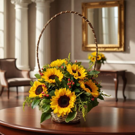 Canasta Floral con 12 Girasoles: Elegancia y Alegría para tu Hogar Canasta floral con 12 girasoles vibrantes y follaje verde, sobre una mesa de madera pulida en un recibidor elegante con espej